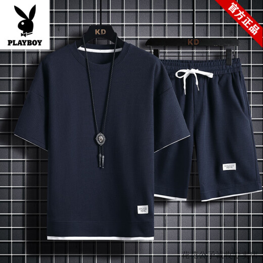 花花公子（PLAYBOY）运动套装男夏季新款白色速干重磅华夫格短袖T恤宽松大码休闲套装 829黑色【套装】 M 100-120斤