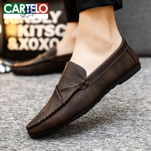 卡帝乐鳄鱼（CARTELO）男士豆豆鞋韩版商务工作休闲皮鞋透气百搭防滑一脚蹬男鞋2025夏季 D826黑色 39 偏小