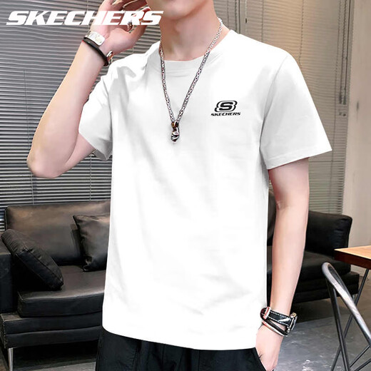 SKECHERS斯凯奇休闲短袖男士夏季跑步户外运动半袖纯棉圆领时尚潮流t恤男 U071-0019亮白色 L /175