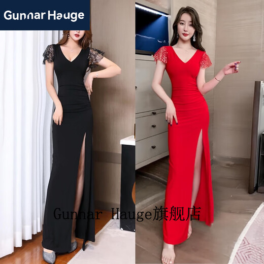 Gunnar Hauge性感礼服性感洋装低胸气质晚礼服长版足浴桑拿技师沐足工作服 3883黑色 M 建议95-105斤