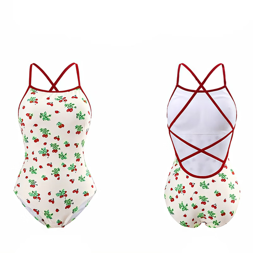 2025年新款连体三角可爱草莓印花露背竞速女泳装游泳温泉度假必备 米色印花【泳衣+泳镜】 XL 【建议100-120斤】