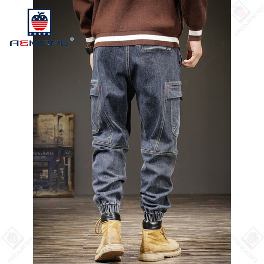 AEMAPE jeans men's spring and summer elastic elastic waist American retro loose tie feet workwear trendy brand casual trendy harem pants blue and gray S suitable for 100-115Jin [Jin equals 0.5 kg]