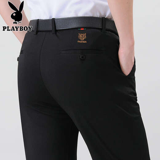 花花公子（PLAYBOY）高端商务休闲裤夏季薄款冰丝男士西裤中年爸爸裤子宽松直筒长裤 9853黑色【冰丝长裤】 M 32【2.5尺/84C腰围】