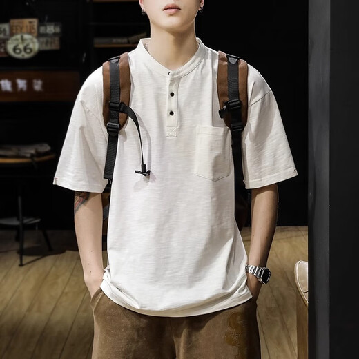 Kurzärärmelte Polo-Shirt Herren-amerikanischer Klassiker Retro Sommer Bambus Joint Cotton Lose Henry Neck Herren T-Shirt Herren Top NB319 White L Empfohlen 120-140jin [Jin ist 0,5 kg]
