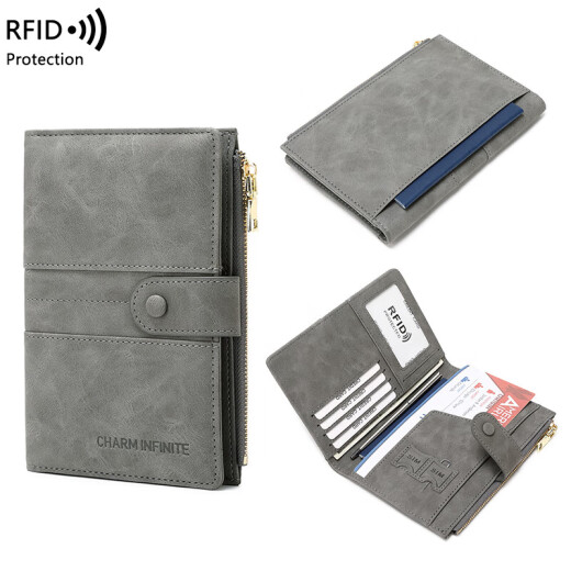 Caso de protección de la bolsa de almacenamiento de pasaporte en el extranjero Clip de boletos de bancos de banco multifunción Passport antirrobo Bolsa RFID Anti-Scanning- [Gray]