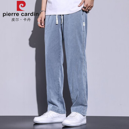 Pierre cardin knitted tentacle pants for men in summer thin. Fashion brand straight loose men imitation ice silk wide legs summer casual long 1048 black M