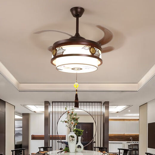 
New Chinese fan chandelier bedroom living room solid wood invisible home Chinese style retro fan frequency conversion restaurant chandelier 9898 three-color 48-inch DC frequency conversion silent pure copper