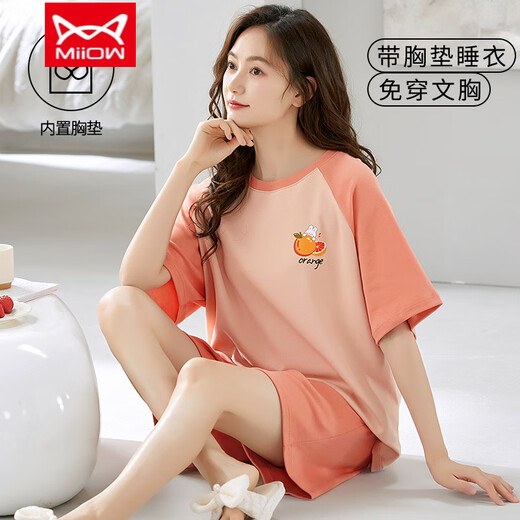 猫人（MiiOW）女士短袖睡衣套装夏季自带胸垫一体大码薄款纯棉夏天家居服可外穿 GXT1047 M （建议75-95斤）