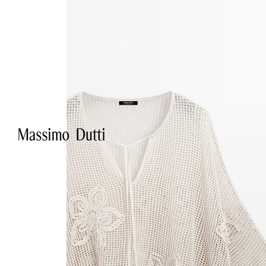 Massimo Dutti折扣升级2025女装海岛度假风刺绣镂空网眼V领针织罩衫05764716 米白色 M (170/92A)尺码偏大