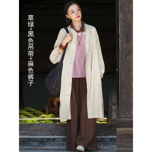 禅服修行女中式国风佛系禅意女装棉麻寺院拜佛素衣长袍居士服女款 【二件套】麻色外套+咖色裤子6189# 均码