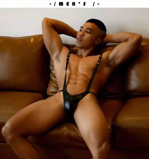 G-string men's black imitation patent leather PU sexy one-piece suspender T-pants temptation men's sexy underwear passionate teasing g063 one size fits S-XXL