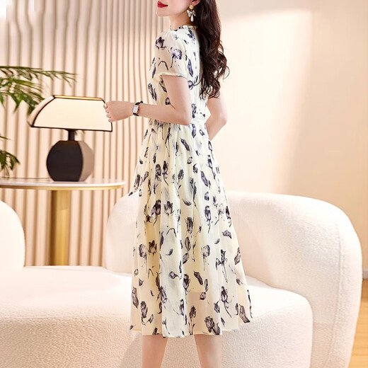 
XAE luxury high-end brand short-sleeved dress for women 2025 summer new small French slim floral chiffon skirt with rice black flowers XL