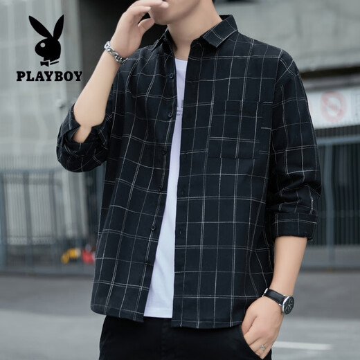 Playboy (PLAYBOY) American plaid shirt jacket for men 2025 spring and autumn style trendy long-sleeved men young loose casual versatile clothes K12108 white M