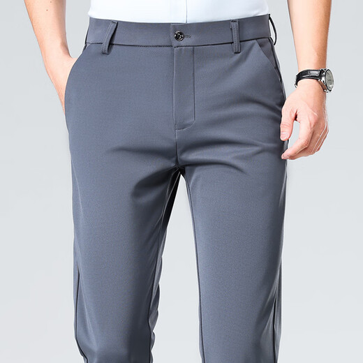 Yuqianya planchado gratis pantalones casuales elásticos de cuatro lados para los hombres delgados seda delgada de hielo delgado pantalones de negocios delgados para hombres Pantalones delgados de verano [verano] 722-negros delgados 35