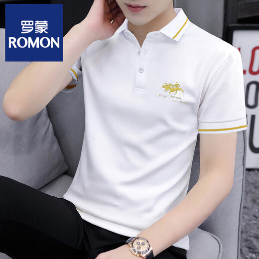 
Romon summer short-sleeved polo. Men's trendy brand embroidered collar T-shirt fashionable versatile thin thin men's ins lapel black S5012 M 95-115Jin [Jin equals 0.5 kg]