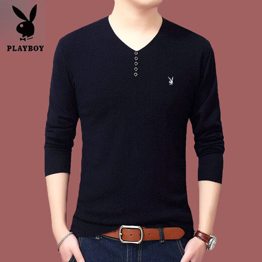 Playboy brand Men's long-sleeved T-shirt 2025 spring and autumn new V-neck solid color high-end casual, non-scalding anti-wrinkle base shirt 1518 black 2XL 180 (recommended 150-165Jin [Jin equals 0.5 kg])