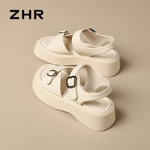 ZHR Sandalias de Suela Gruesa con Velcro para Mujer, Zapatos Ligeros de Verano para Mujer, Zapatos de Playa con Realce, KN117 para Mujer, Beige, 37