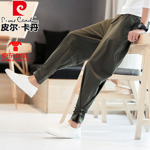 皮尔卡丹（pierre cardin）亚麻裤男夏季薄款休闲长裤束脚盘扣国潮棉麻裤子中国风潮牌宽松裤 黑色 3XL 168-185斤