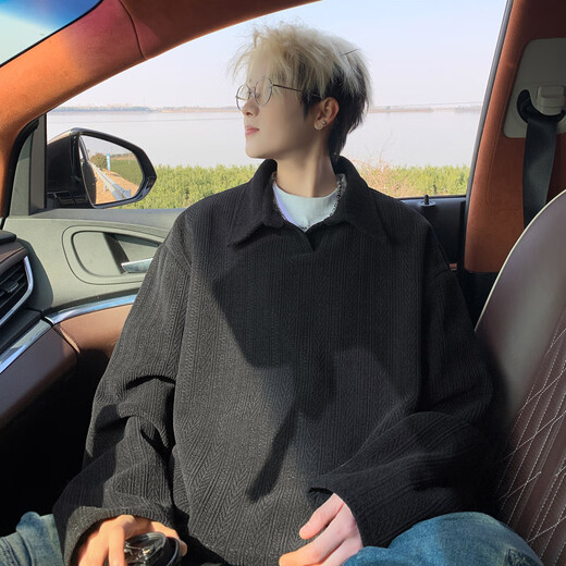 NYING wheat ear pattern heavy sweatshirt for boys autumn new American trendy brand polo collar long-sleeved T-shirt loose casual top apricot XL (130-150Jin Jin equals 0.5 kg)