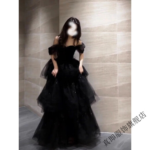 True Black Evening Dress 2025 New Light Luxury Niche High-end One-shoulder Adult Ceremony Graduation Performance Female Black S