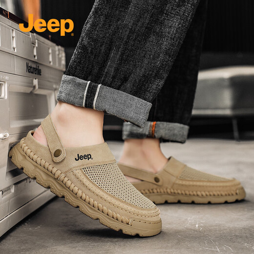 Summer sandals men's new style breathable mesh anti-odorant hole shoes two-wear non-slip casual sports beach shoes sand color YT-P750M14697 [Wide feet, fat feet, one size larger] 3 42