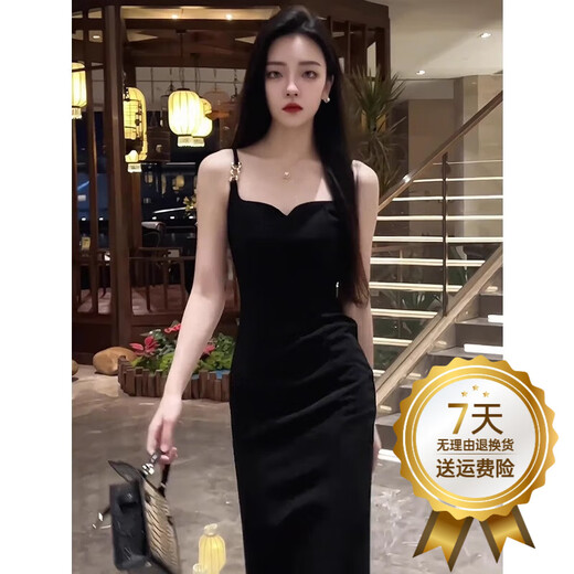 唐思薇夏季新款内搭外穿黑色吊带连衣裙女2025夏性感修身长款鱼尾礼服裙 黑色连衣裙 M 建议98-108斤