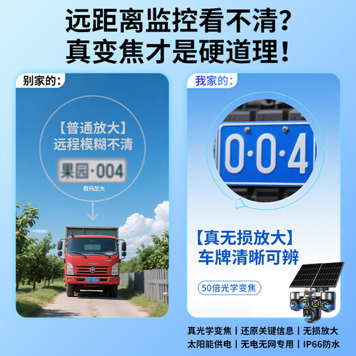 广春四摄光学变焦太阳能摄像头室外无网无电终身免流量手机远程360度无死角带夜视户外农村野外监控器 50倍真变焦+128G卡+四镜头电动旋转+免费流量