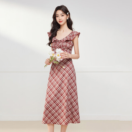 IEF/Aiyifu skirt 2025 summer new French retro plaid design sense commuter slim vest long skirt red and white plaid M
