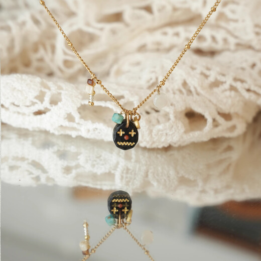 Only pair of QIANTAO Sunset Pine Original Natural Black Agate Necklace Simple Versatile Turquoise Pendant Women's Gift 45cm Imported Medical Steel Plated with 18k Gold Sunset Pine