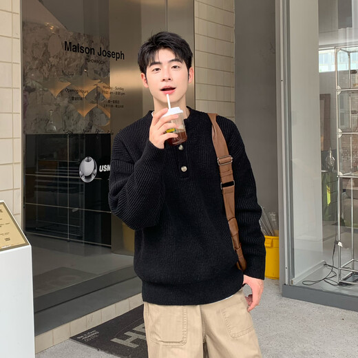 FOG SKY sweater men's autumn and winter black Henry collar half cardigan loose American versatile lazy style knitted top BGM-JM25821 black L (recommended 110-130Jin Jin equals 0.5 kg)