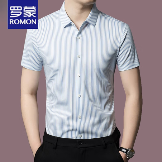 ROMON high-end mulberry silk shirt for men short-sleeved summer ice silk middle-aged business formal wear striped half-sleeved shirt 9195 khaki M 165 suggestions 95-115Jin [Jin equals 0.5 kg]