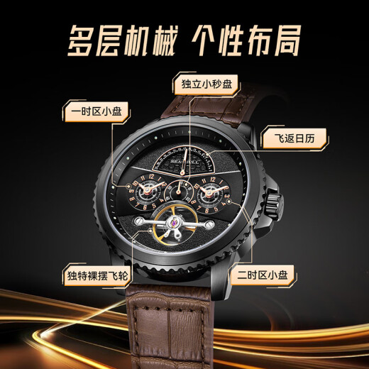 Seagull Watch Dual Time Zone Flyback Watch Herren Multifunktion Flywheel Watch Luminous Automatic Mechanical Watch 6172 geniale Herstellungsprodukte Weißer Scheibe Stahlschale Stahlgürtel