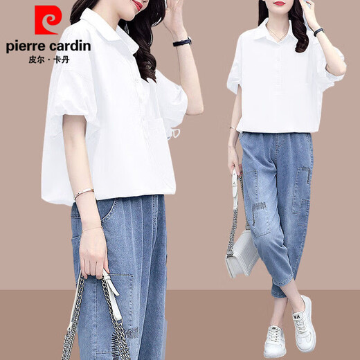 Pier Cardin 2025 Summer New Korean About Shirt à manches courtes pour les femmes en deux pièces de taille élastique coréenne Suit 1429 # Top blanc [Top simple] L [recommandé 100-115Jin [Jin est égal à 0,5 kg]]]