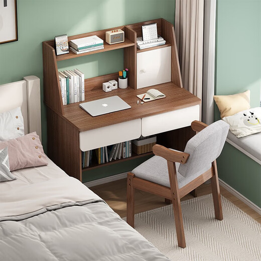 Simple desk bookshelf integrated student writing study table small apartment bedroom home office desktop computer table 80cm Nordic maple color