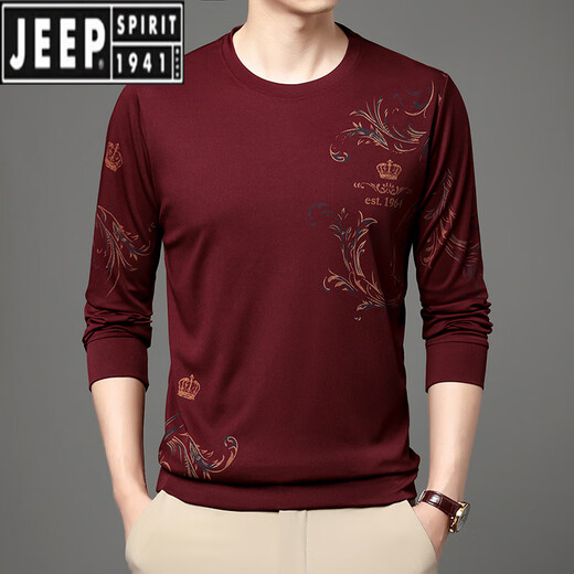 JEEP SPIRIT吉普中青年夏季冰丝长袖t恤男士薄款圆领2025新款中年男打底衫t恤 B6627绿色 3XL 185/125/56175-185斤