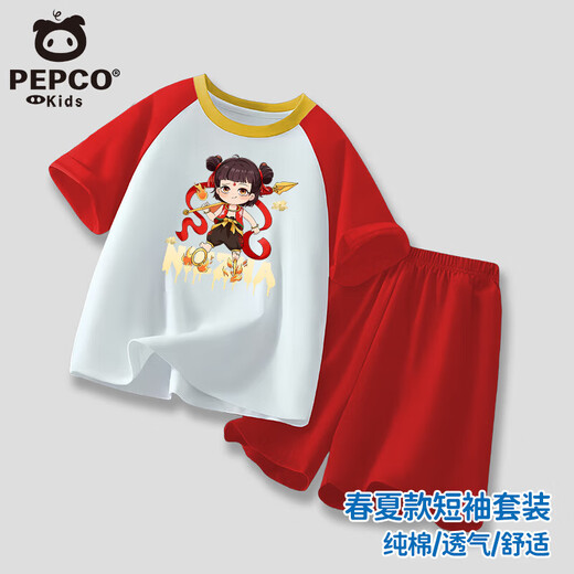 小猪班纳男童女童纯棉短袖短裤夏季哪吒敖丙套装插肩T恤运动短裤 粉色-哪吒 （套装） 130 建议身高120-130CM