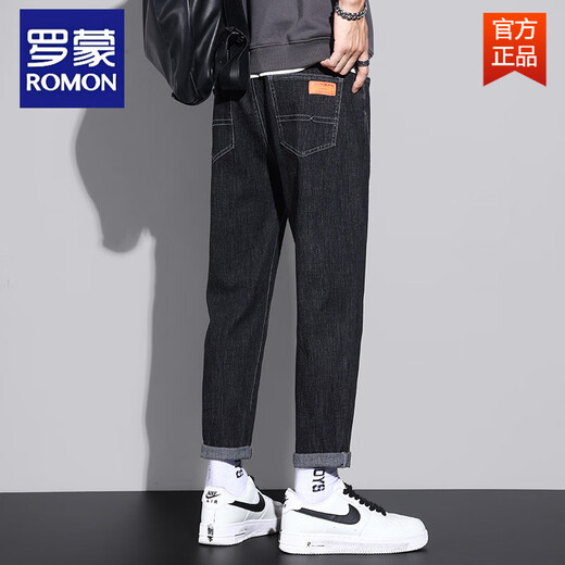 ROMON autumn jeans men's loose straight-leg trendy brand men's new elastic casual trousers spring and autumn casual jeans 6621B black style plus velvet 36