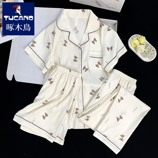 Pyjamas à trois pièces pour femmes en été 2025 NOUVELLE FEMMES minces Cloud d'été Coton Coton Colt à manches courtes à manches courtes peut être porté à l'extérieur de 9922 # Cloud Cotton Treece Set XL [115-130] Jin [Jin est égal à 0,5 kg]