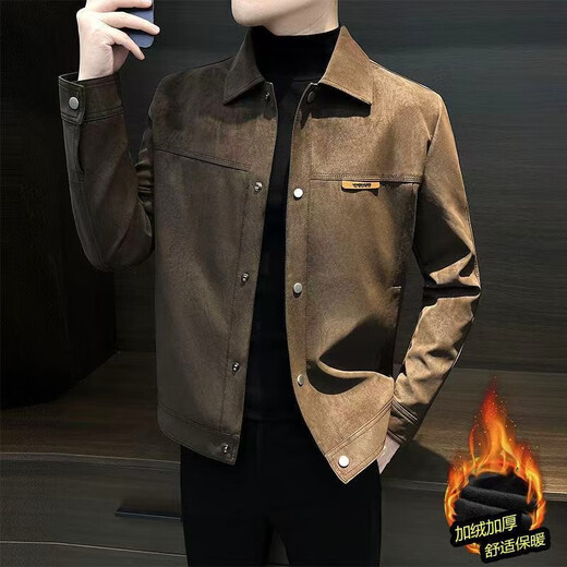 Men's autumn and winter thickened velvet warm cotton coat trendy slim stand collar men's jacket fashionable jacket versatile jacket men brown velvet thickened 2XL recommended 160-180Jin Jin equals 0.5 kg