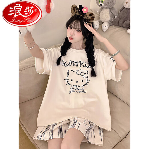 Langsha Hellokitty Pyjamas für Frauen 2025 Neue Sommer-Baumwoll-Kurzhülle Dünnes Modell Großgröße Fett MM Girl Junior High School Schüler Z-9928 m [Empfohlen 70-90jin [Jin gleich 0,5 kg]] Durchschnittliche Größe