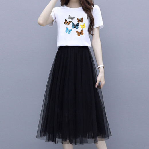 皮尔卡丹（pierre cardin）小个子连衣裙套装女夏季2025新款t恤网纱裙两件套上衣半身裙子女 6198#白色上衣+黑色裙 S