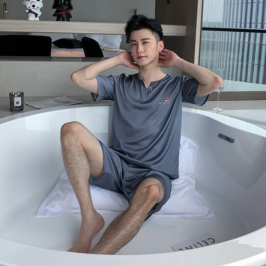 UKUHPK summer men's ice silk pajamas short-sleeved shorts suit thin home clothes cardigan 9864-gray blue L (100-125Jin[Jin equals 0.5 kg])