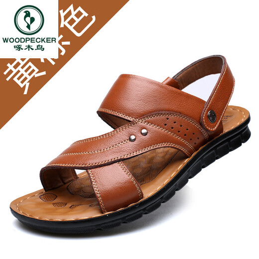 啄木鸟真皮凉鞋男夏季两用防滑大码外穿软底沙滩鞋高级中老年爸爸凉拖鞋 12129 棕色 37
