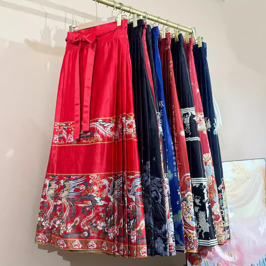 喆炜一片式系带国风3D印花汉服马面裙百搭高腰显瘦通勤长款A字半身裙 9893黑色 均码