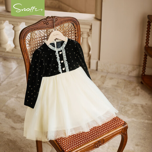 Snuffy girls dress, children's princess dress, autumn velvet gold-tone stitching mesh dress, fashionable and elegant, black 120