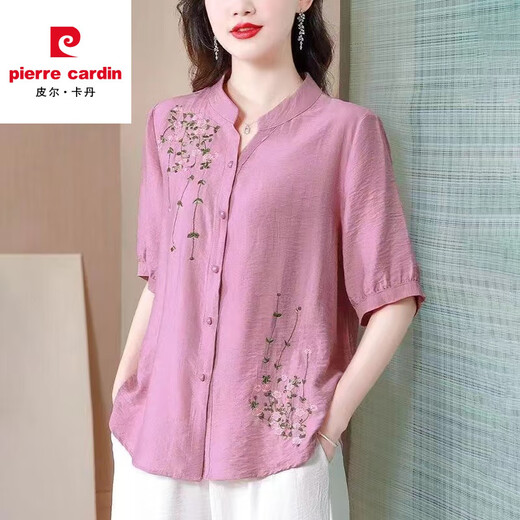 皮尔卡丹夏季中袖棉麻上衣女2025新款国风刺绣女士衬衫妈妈装宽松亚麻小衫 黄色-694 M 【约108斤内】
