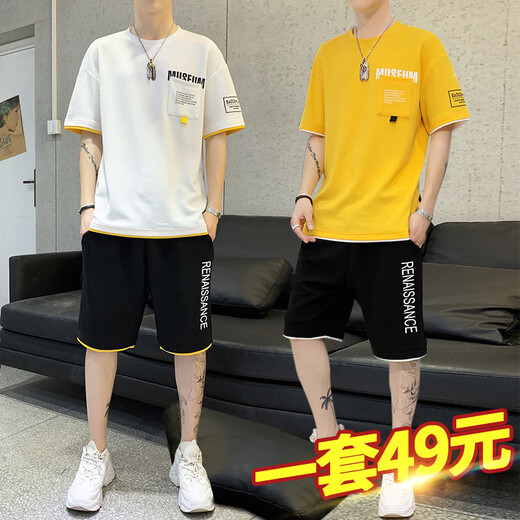 骆驼（CAMEL）男士短袖t恤夏季时尚冰丝运动套装休闲旅游轻便男装短裤搭配一套 6227白色+K201黑白边 XL