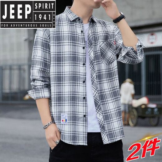JEEP SPIRIT美式格子衬衫男款2025夏季日系衬衣夏天长袖薄款防晒外套上衣服潮 K12108白色+K12108灰色 M