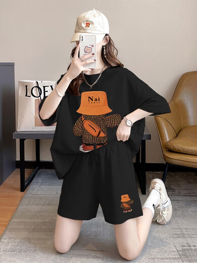 Chapitre cool (Kuzhang) plus de grande taille en deux pièces Fat MM Version coréenne Summer Nouvelle couverture de viande lâche et à la mode pour femmes Corbity Internet Shorts à manches courtes A9435 Black 2xl Recommandé 135-150jin [Jin est égal à 0,5 kg]