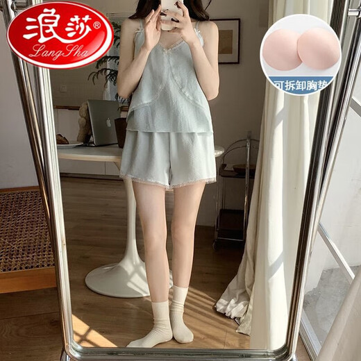 浪莎夏季新款网红爆款睡衣夏天女带胸垫蕾丝花边蝴蝶结吊带短裤家居服 带胸垫967杏色 M80-100斤 均码